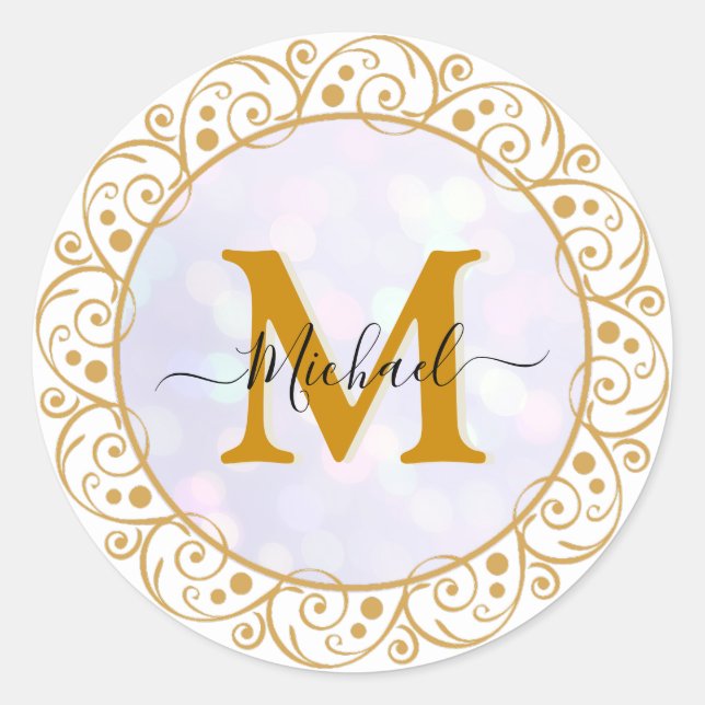 Sticker Rond Elegant Gold Parties scintillant Initial & Nom (Devant)
