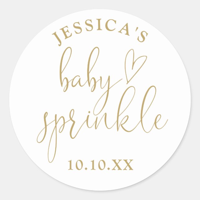Sticker Rond Élégant Gold Script Baby Sprinkle Douche Favoriser (Devant)