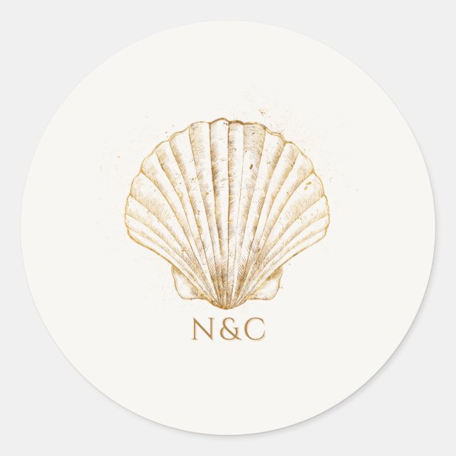 Sticker Rond Elegant Gold Seashell Names Initials Wedding (Devant)