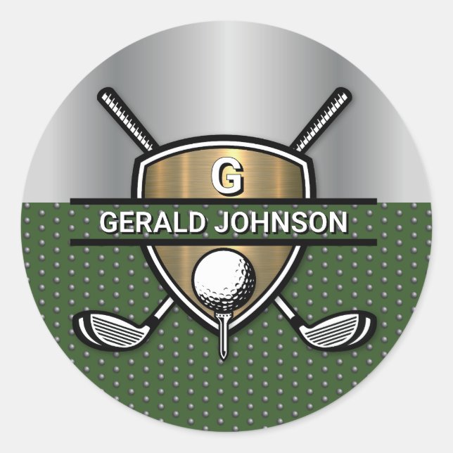 Sticker Rond Elégant Gold Shield Golf Monogramme Design (Devant)