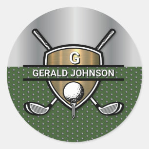 Sticker Rond Elégant Gold Shield Golf Monogramme Design