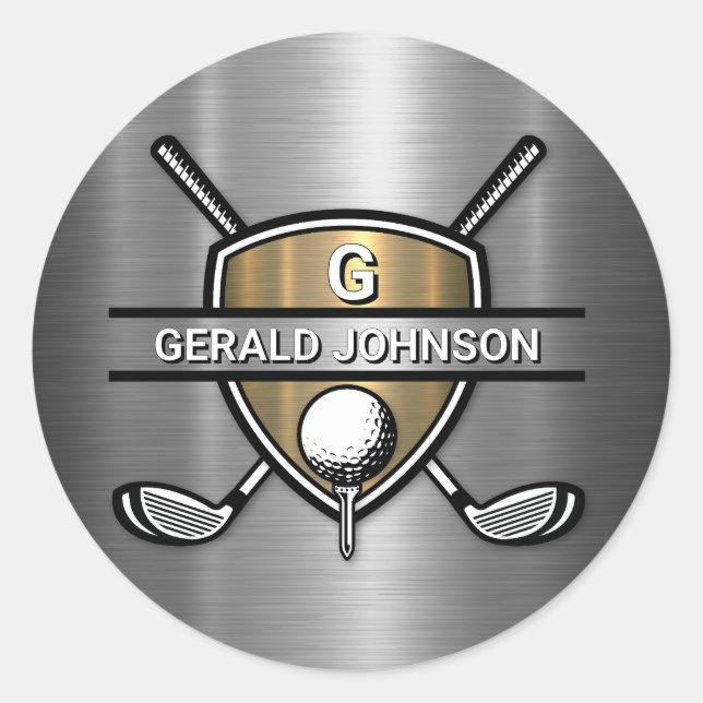 Sticker Rond Elégant Gold Shield Golf Monogramme Design (Devant)