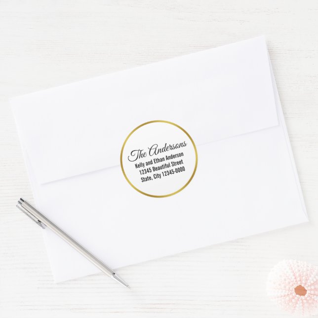 Sticker Rond Elegant Gold White et Black Nom Adresse de retour (Enveloppe)