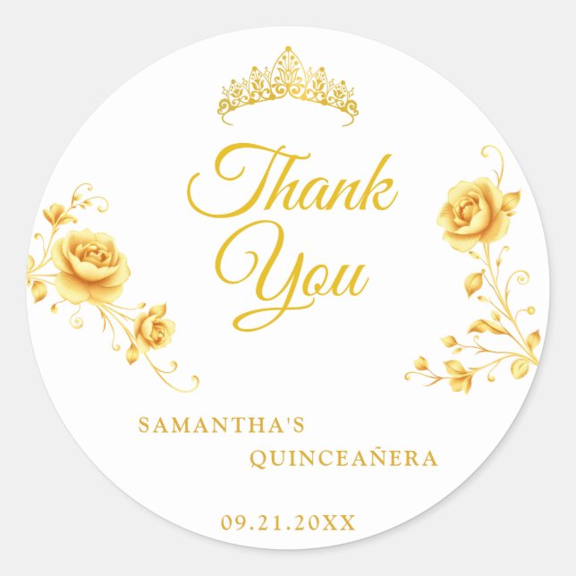 Sticker Rond Elégant Golden Floral Quinceañera Merci (Devant)