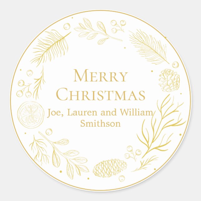 Sticker Rond Elegant Golden Leaves & Berries Merry Christmas (Devant)