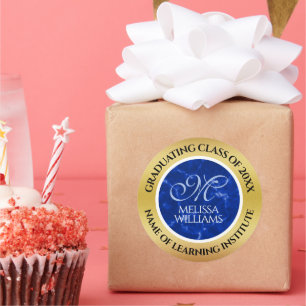 Sticker Rond Élégant Graduation Monogramme Bleu Marbre Or Huile