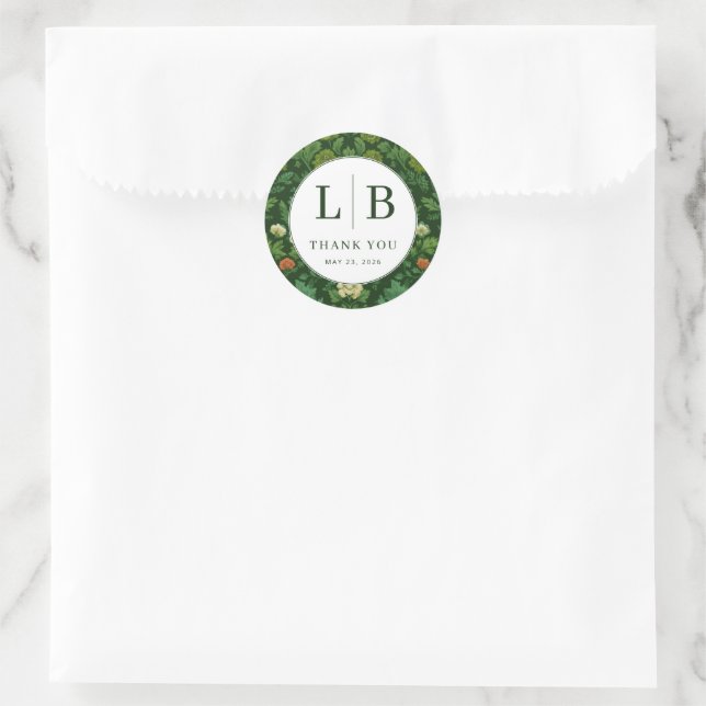 Sticker Rond Elegant Green Floral Initials (Sac)
