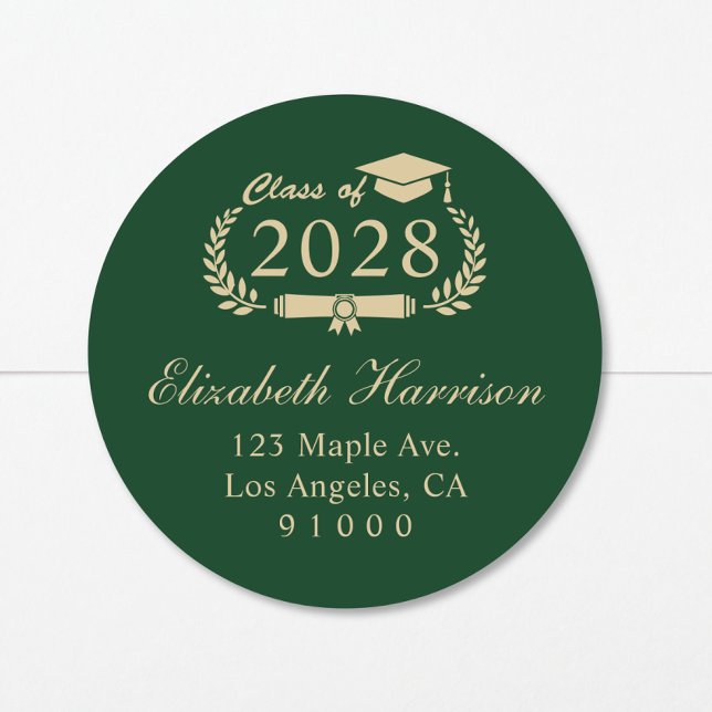 Sticker Rond Élégant Green Gold Graduation Adresse de retour (Créateur téléchargé)