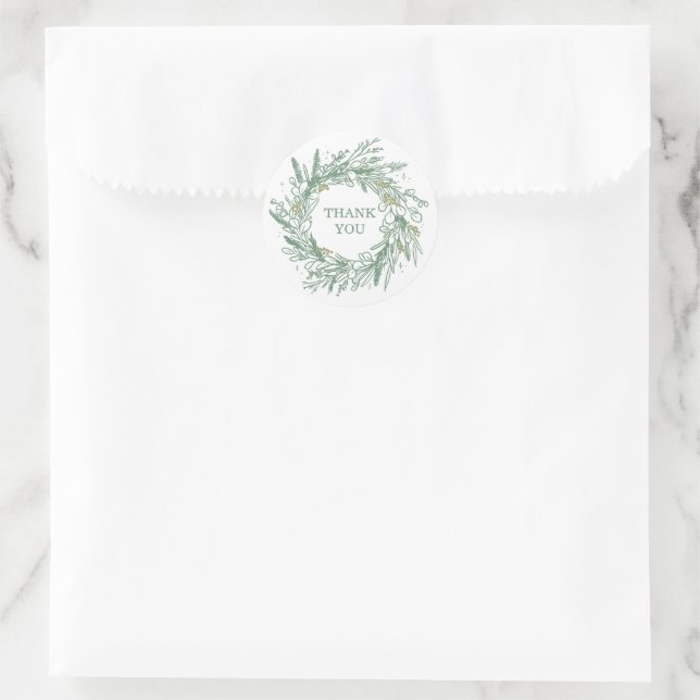 Sticker Rond Elegant Green Winter Botanical Wreath Wedding (Sac)