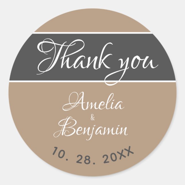 Sticker Rond Elégant Gris Beige Typographie Mariage Merci (Devant)