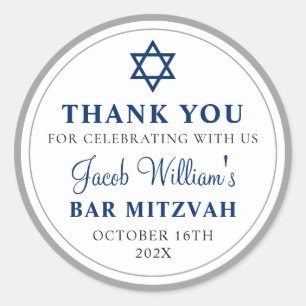 Sticker Rond Elegant gris et Navy Blue Bar Mitzvah Merci