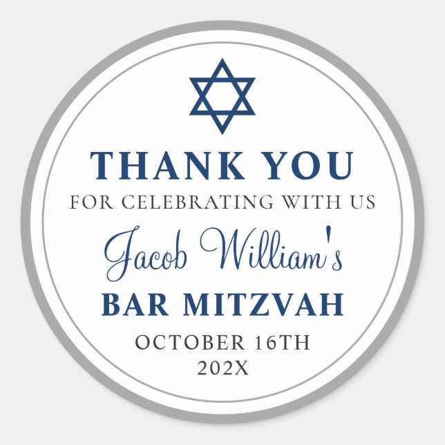 Sticker Rond Elegant gris et Navy Blue Bar Mitzvah Merci (Devant)