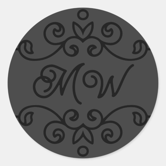 Sticker Rond Élégant Gris Noir Flourdissant Ajouter Monogramme  (Devant)