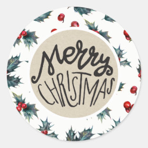 Sticker Rond Elégant Holly Berry Fête Noël Rustique Favoriser