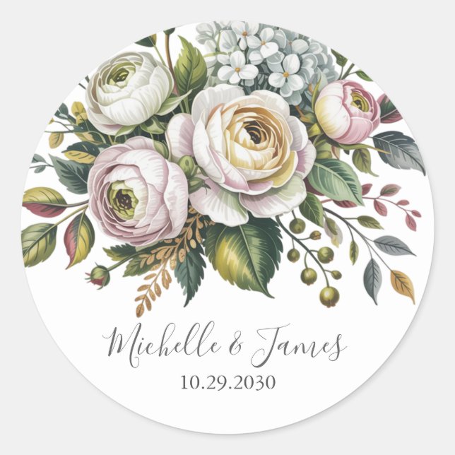 Sticker Rond Elegant Hydrangea Rose Floral Wedding              (Devant)