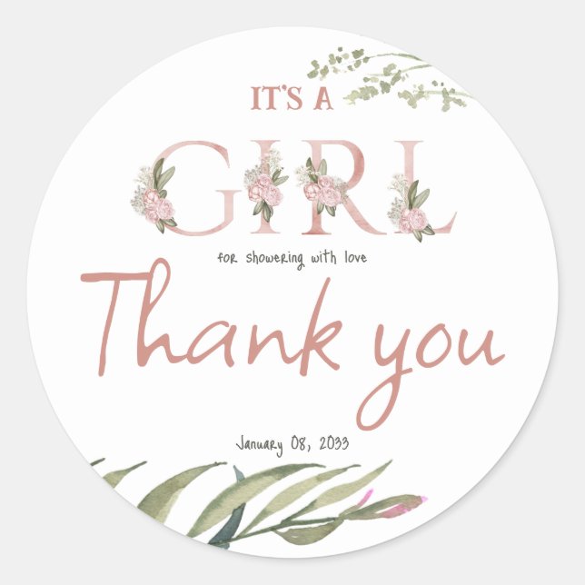 Sticker Rond Elégant Jardin Floral Blush Baby shower fille rose (Devant)