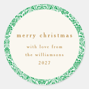 Sticker Rond Élégant Joyeux Noël Floral Vert Personnalisé