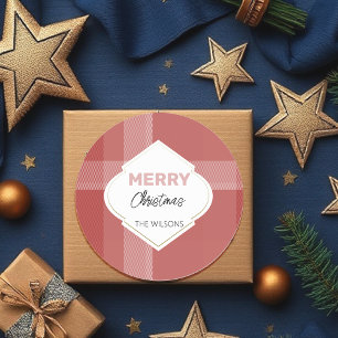 Sticker Rond Elégant Joyeux Noël Tartan Bourgogne