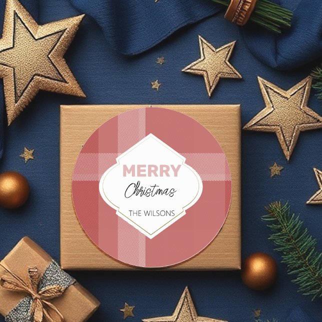 Sticker Rond Elégant Joyeux Noël Tartan Bourgogne (Créateur téléchargé)