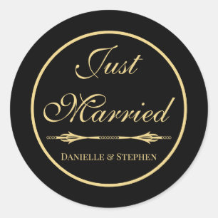 Sticker Rond Élégant juste marié Black Gold minimaliste Mariage