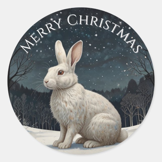 Sticker Rond Elégant lapin blanc Noël forêt enneigée (Devant)