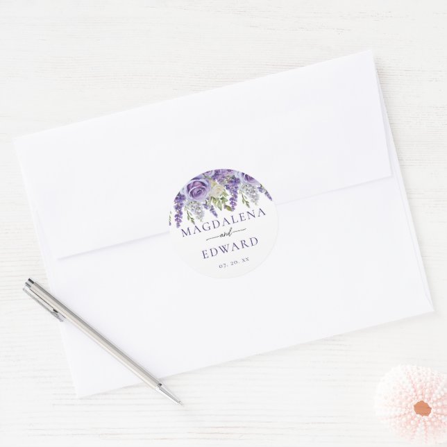 Sticker Rond Élégant Lavande violette Rose Mariage floral (Enveloppe)
