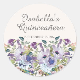 Sticker Rond Elégant Lilac Blue Floral Quinceañera Nom Date
