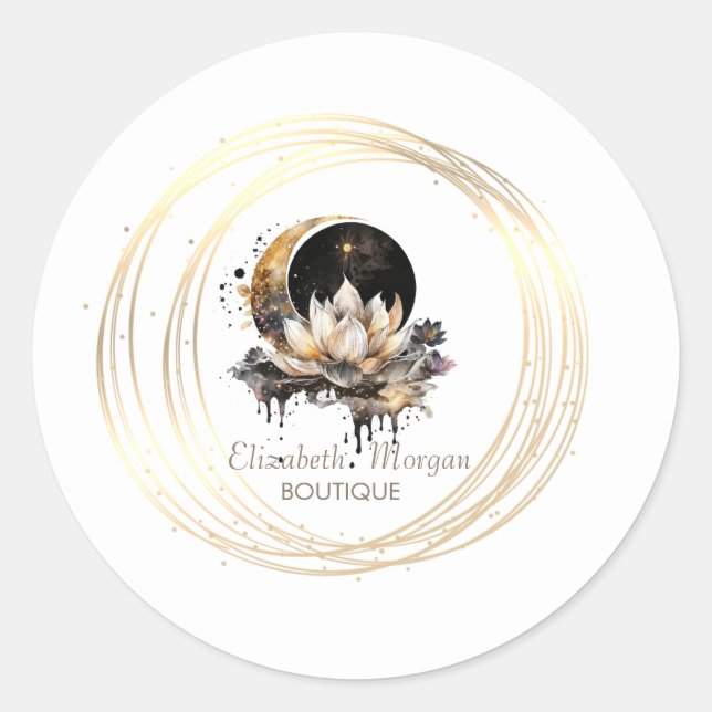 Sticker Rond Elégant Lune Cercles d'or Lotus (Devant)