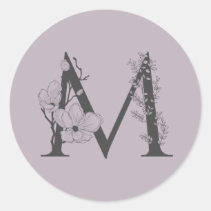 Sticker Rond Élégant M Boho Floral Monogramme initial Lilac Gre