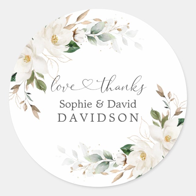 Sticker Rond Élégant Magnolia Blanc Floral Mariage or (Devant)