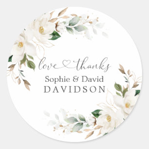 Sticker Rond Élégant Magnolia Blanc Floral Mariage or