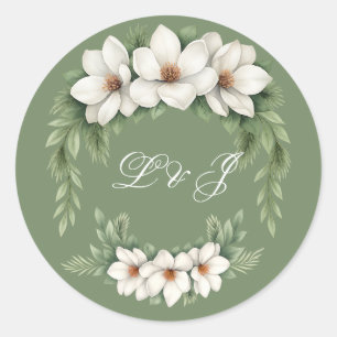 Sticker Rond Elégant Magnolia Blanc Mariage Hiver Pine Tree