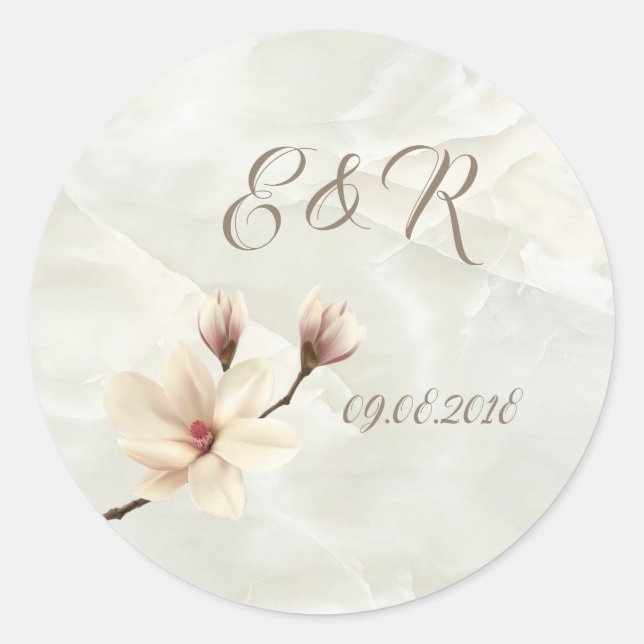 Sticker Rond Élégant Magnolia Chic, Mariage en marbre (Devant)