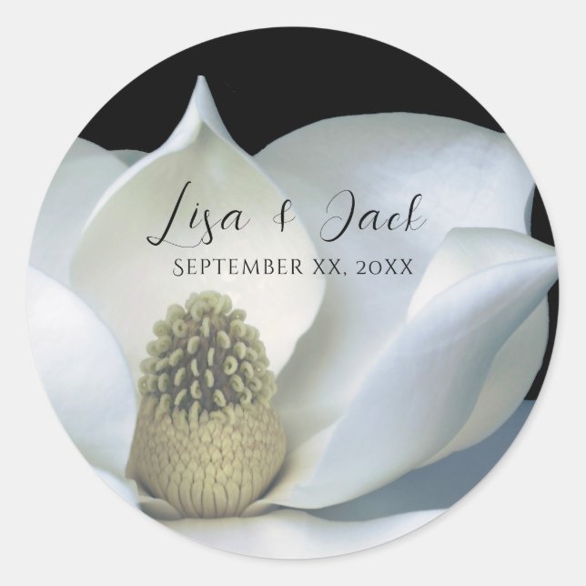 Sticker Rond Élégant Magnolia Mariage noir et blanc (Devant)