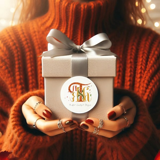 Sticker Rond Elegant Manuscript Thanks Autumn Fall Foliage (Créateur téléchargé)