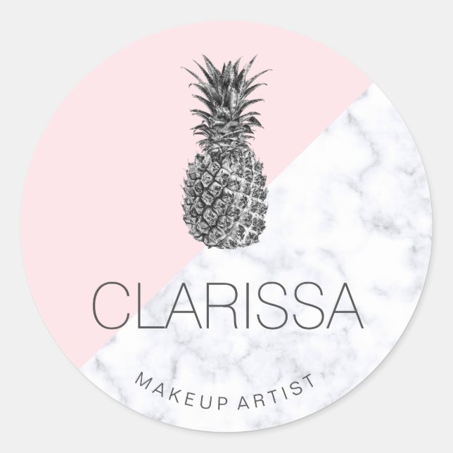 Sticker Rond Élégant maquillage moderne en ananas rose argent (Devant)