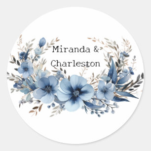 Sticker Rond Élégant Mariage Airy Dusty Blue Floral
