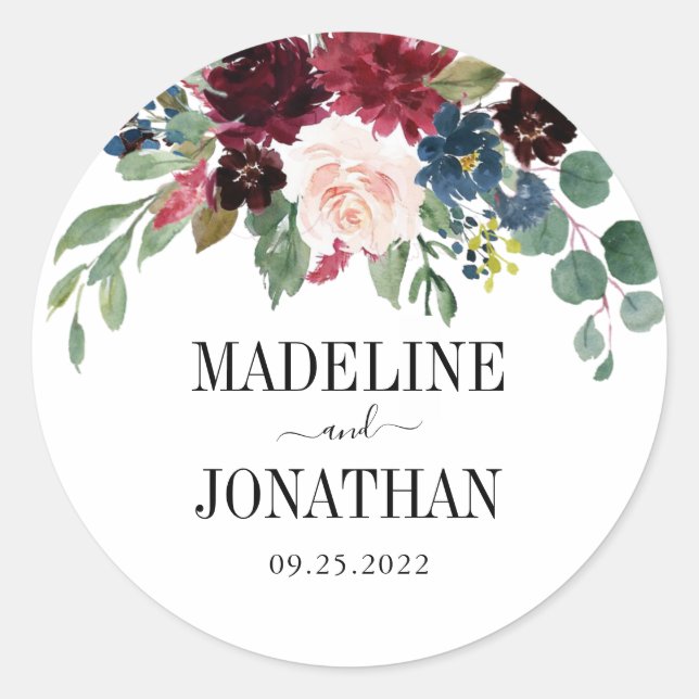 Sticker Rond Élégant Mariage bleu de la marine bordeaux (Devant)