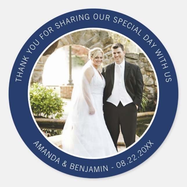 Sticker Rond Elégant Mariage bleu marine moderne photo Merci (Devant)