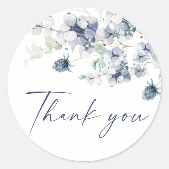 Sticker Rond Élégant Mariage Boho en feuillage d'hiver bleu Dus (Devant)