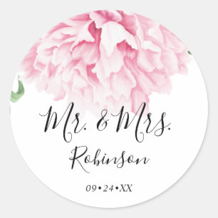 Sticker Rond Élégant Mariage botanique floral rose Peony
