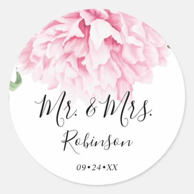 Sticker Rond Élégant Mariage botanique floral rose Peony (Devant)