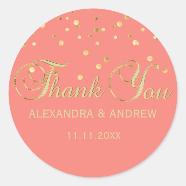 Sticker Rond Elégant Mariage CORAL Pink Gold Merci (Devant)