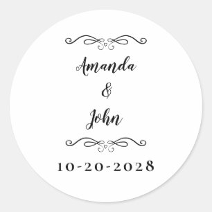 Sticker Rond Elégant Mariage Couples Noms Chic Black White Cla