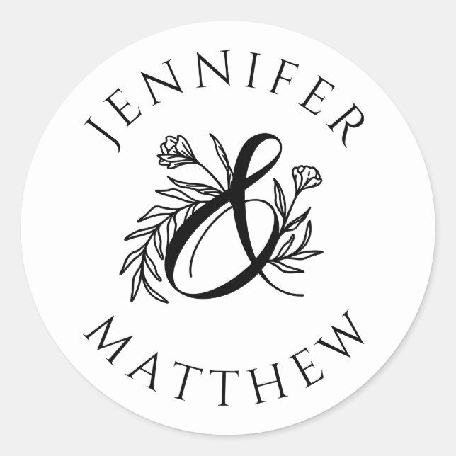 Sticker Rond Élégant Mariage d'Ampersand Botanique Couple (Devant)