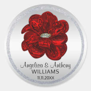 Sticker Rond Elégant Mariage d'argent, noir, rose rouge