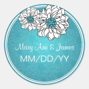 Sticker Rond Elégant Mariage Date Dahlia Floral Bleu