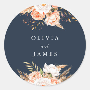 Sticker Rond Elégant Mariage de automne floral bleu marine Bien