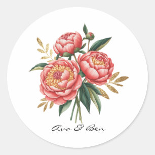 Sticker Rond Elégant Mariage de bouquet de Peony Orange