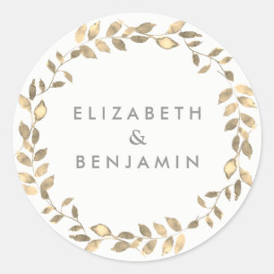 Sticker Rond Élégant Mariage de couronne de feuille dorée moder